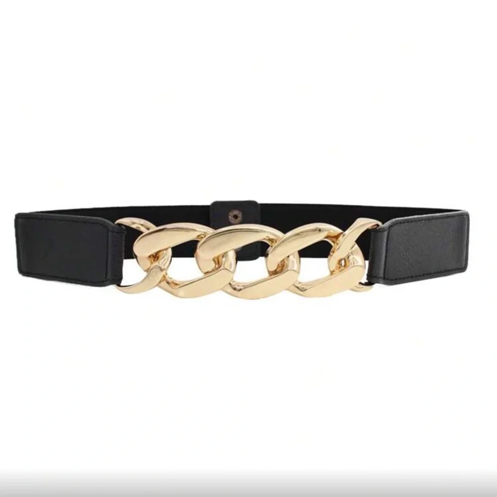 Luxe Black and Gold Vegan Leather Chain Snap Button Belt